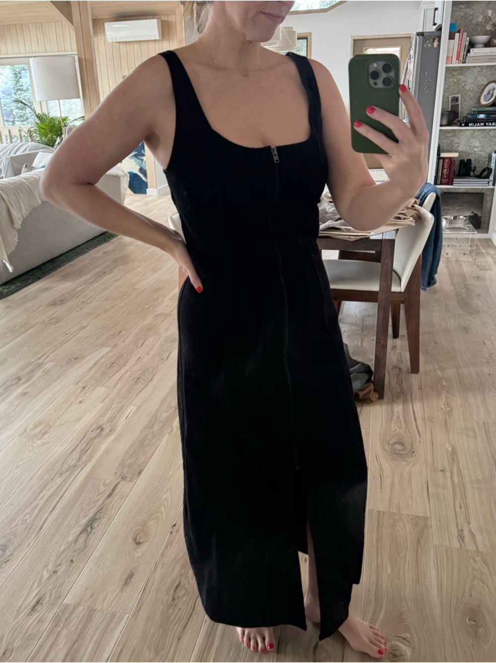 Sleek Black Denim Zip-Front Midi Dress